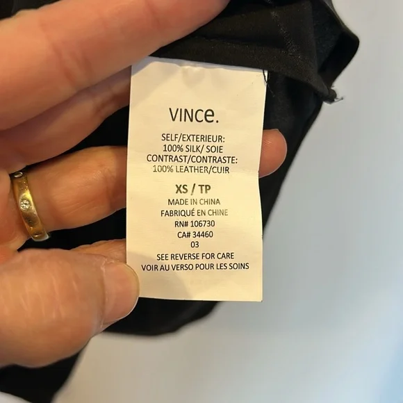 Vince Leather Trim Placket Silk Cap Sleeve Top Black - Picture 6 of 8